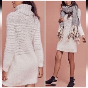 Anthropologie Sleeping On Snow Cozy White/Gray Turtleneck Women's Sweater Dress